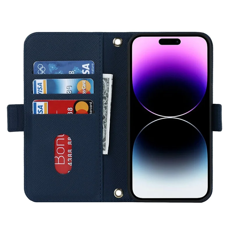 For iPhone 15 Pro Max Stand Case Cross Texture PU Leather Wallet Phone Cover with Shoulder Strap / Makeup Mirror - Blue
