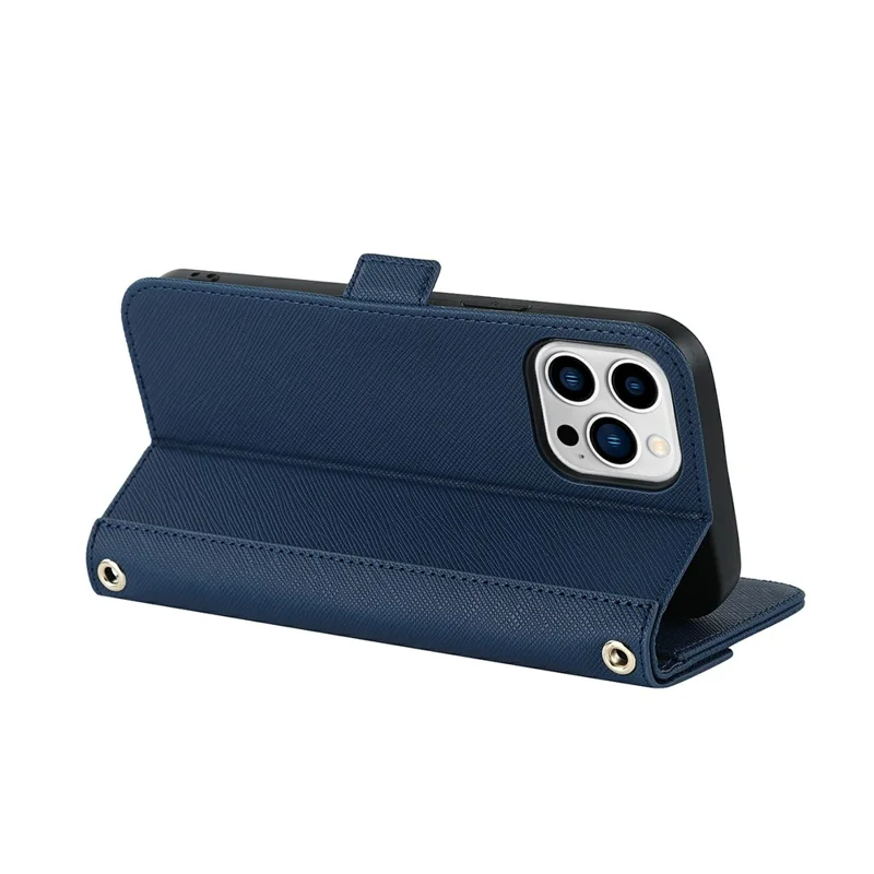 For iPhone 15 Pro Max Stand Case Cross Texture PU Leather Wallet Phone Cover with Shoulder Strap / Makeup Mirror - Blue
