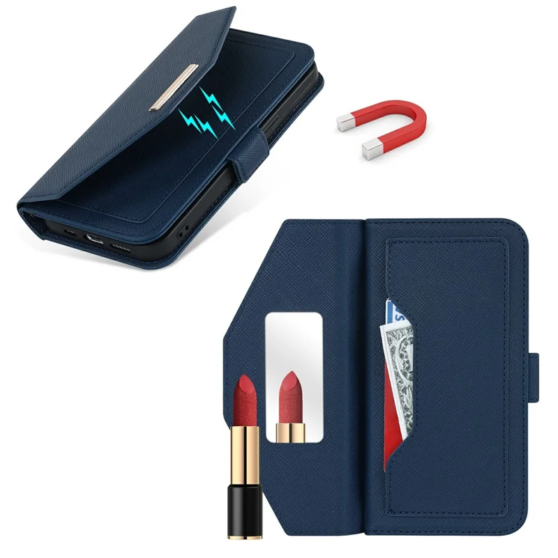 For iPhone 15 Pro Max Stand Case Cross Texture PU Leather Wallet Phone Cover with Shoulder Strap / Makeup Mirror - Blue