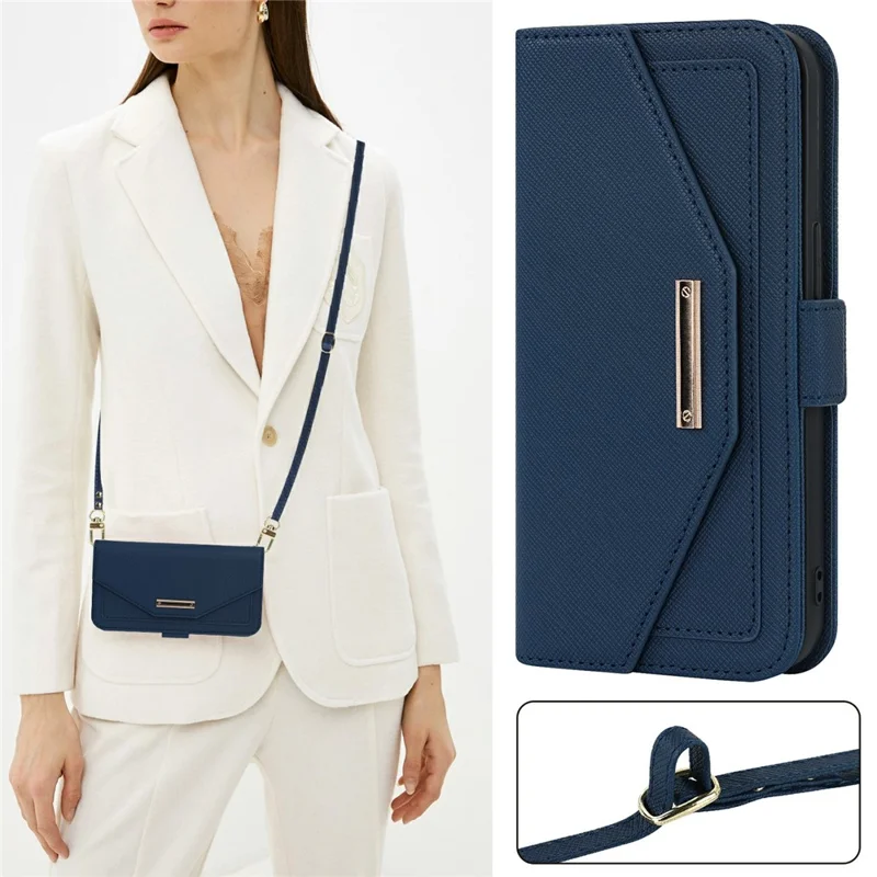 For iPhone 15 Pro Max Stand Case Cross Texture PU Leather Wallet Phone Cover with Shoulder Strap / Makeup Mirror - Blue