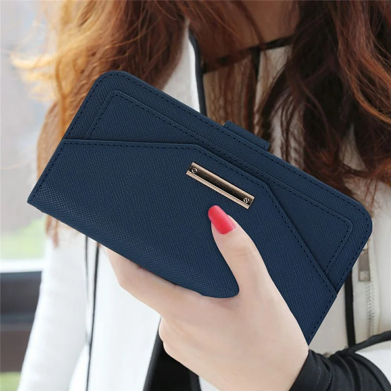 For iPhone 15 Pro Max Stand Case Cross Texture PU Leather Wallet Phone Cover with Shoulder Strap / Makeup Mirror - Blue