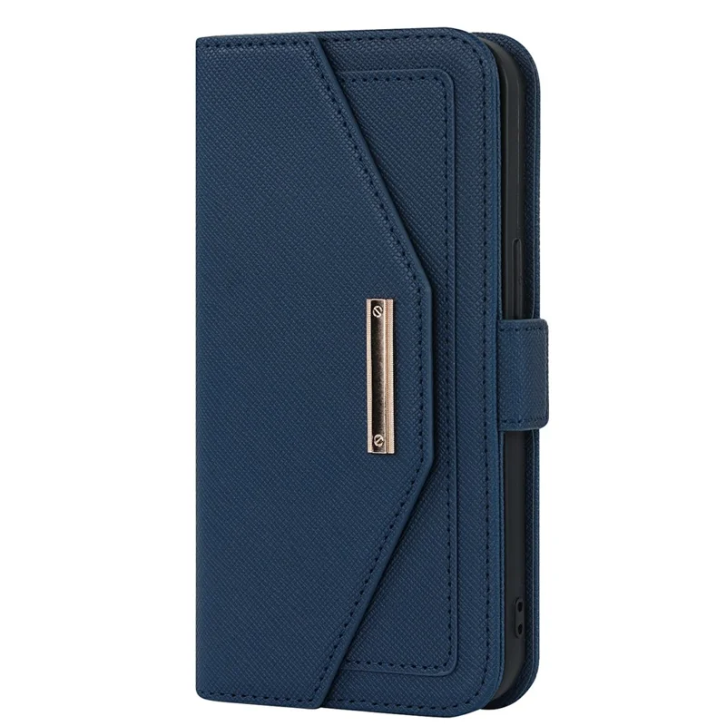 For iPhone 15 Pro Max Stand Case Cross Texture PU Leather Wallet Phone Cover with Shoulder Strap / Makeup Mirror - Blue