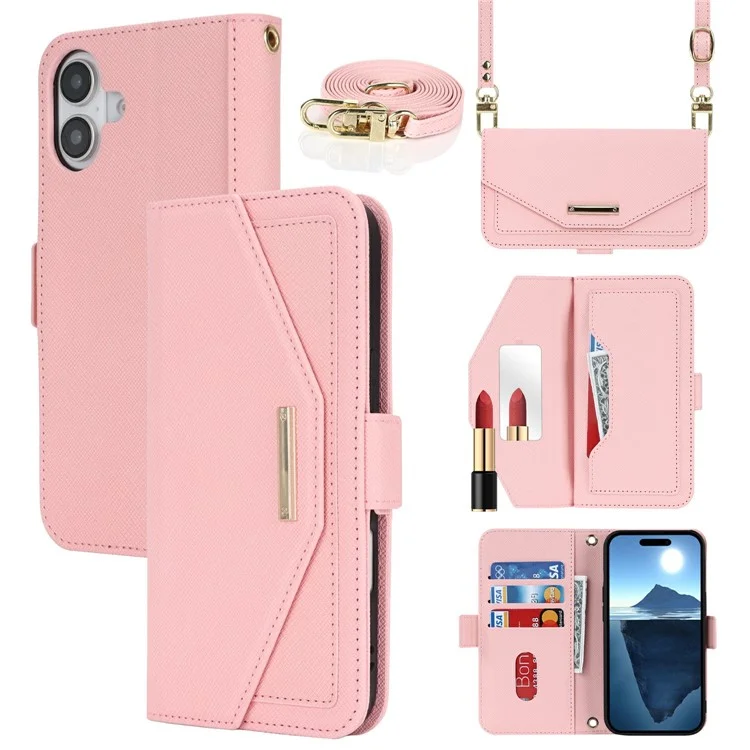 For iPhone 16 Stand Case Cross Texture PU Leather Wallet Phone Cover with Shoulder Strap / Makeup Mirror - Pink