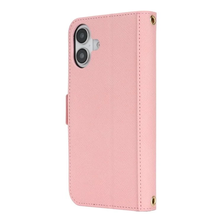 For iPhone 16 Stand Case Cross Texture PU Leather Wallet Phone Cover with Shoulder Strap / Makeup Mirror - Pink