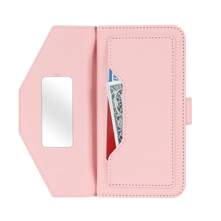 For iPhone 16 Stand Case Cross Texture PU Leather Wallet Phone Cover with Shoulder Strap / Makeup Mirror - Pink
