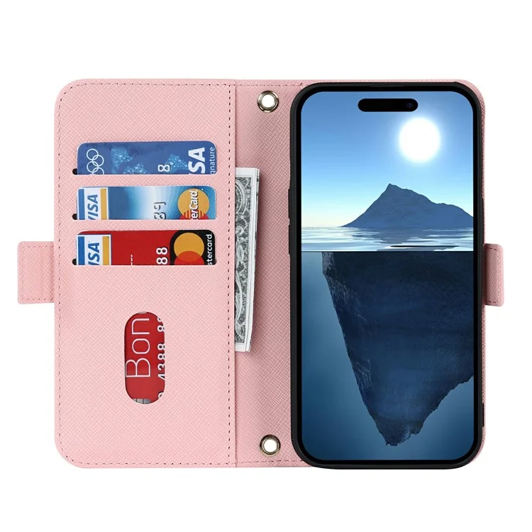 For iPhone 16 Stand Case Cross Texture PU Leather Wallet Phone Cover with Shoulder Strap / Makeup Mirror - Pink