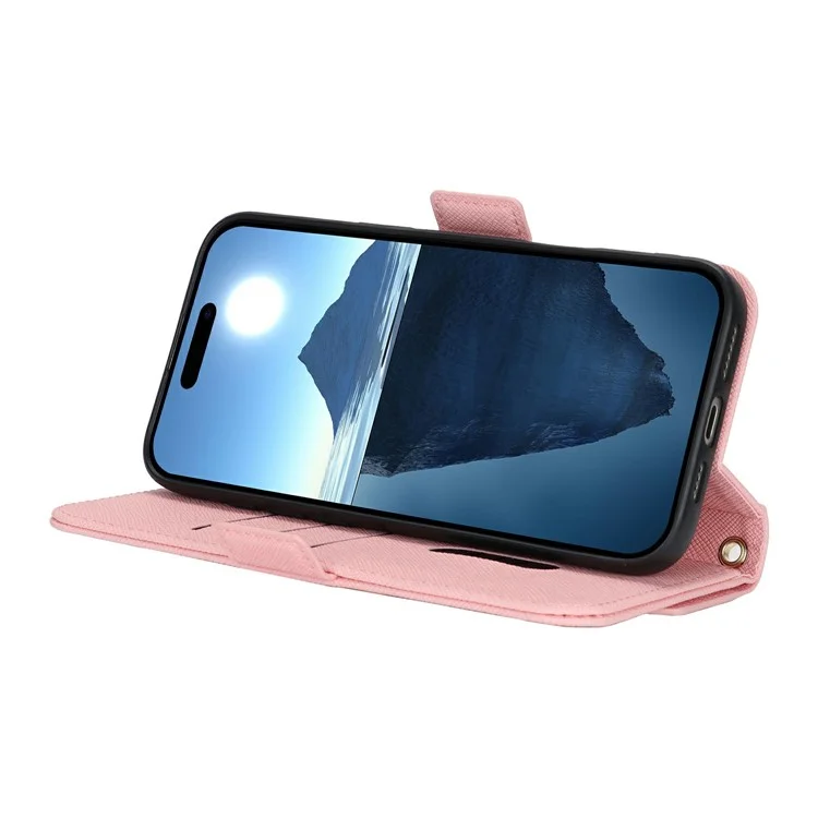 For iPhone 16 Stand Case Cross Texture PU Leather Wallet Phone Cover with Shoulder Strap / Makeup Mirror - Pink