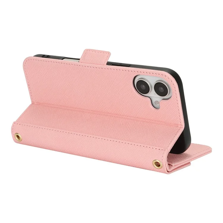 For iPhone 16 Stand Case Cross Texture PU Leather Wallet Phone Cover with Shoulder Strap / Makeup Mirror - Pink