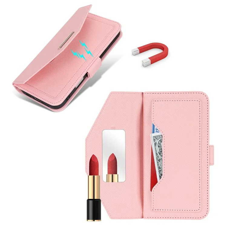 For iPhone 16 Stand Case Cross Texture PU Leather Wallet Phone Cover with Shoulder Strap / Makeup Mirror - Pink