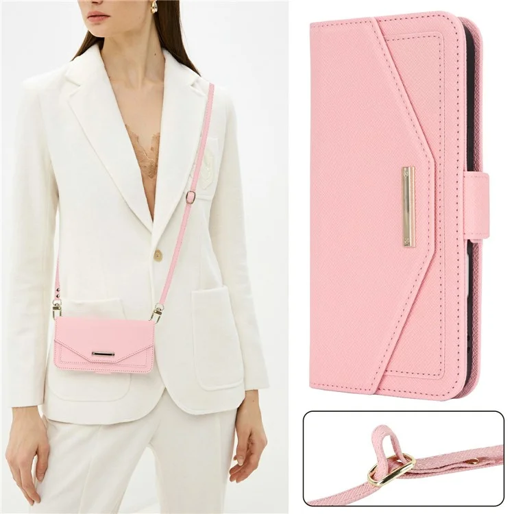For iPhone 16 Stand Case Cross Texture PU Leather Wallet Phone Cover with Shoulder Strap / Makeup Mirror - Pink
