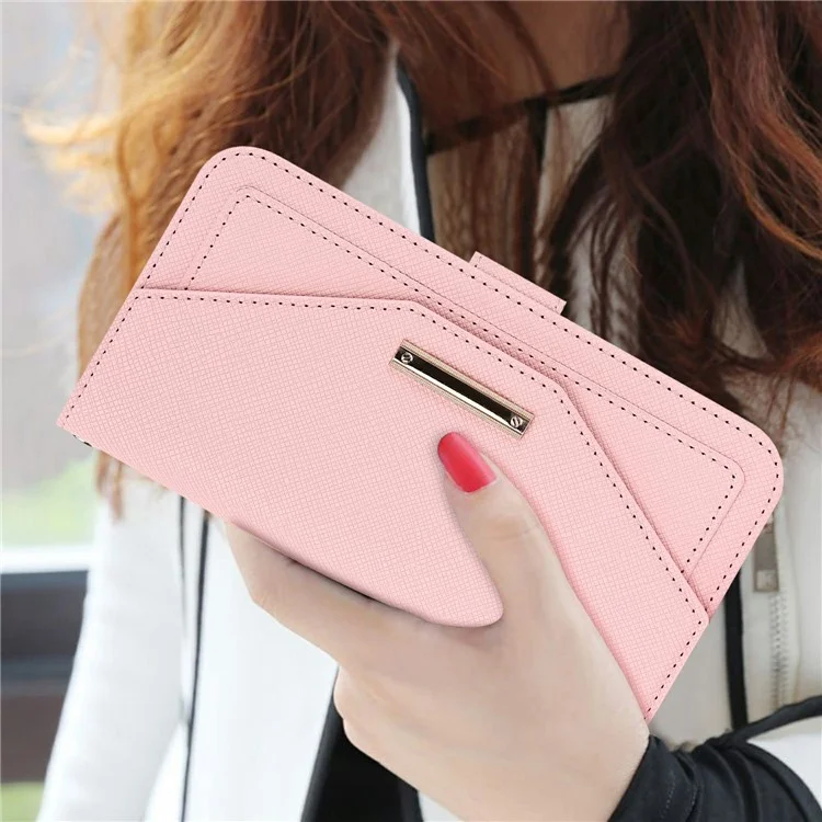 For iPhone 16 Stand Case Cross Texture PU Leather Wallet Phone Cover with Shoulder Strap / Makeup Mirror - Pink