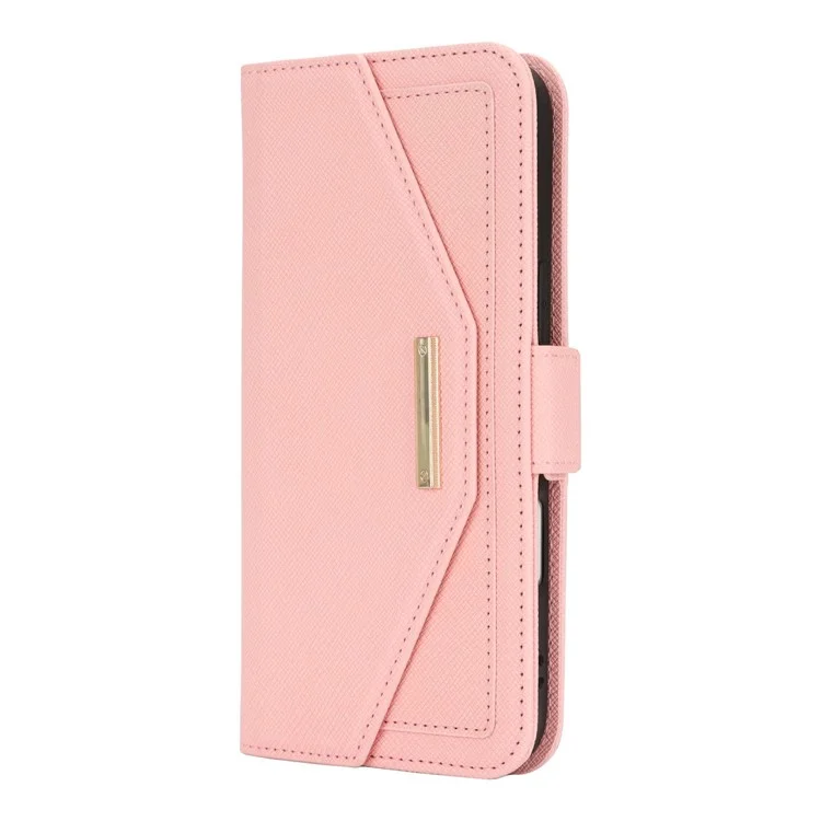 For iPhone 16 Stand Case Cross Texture PU Leather Wallet Phone Cover with Shoulder Strap / Makeup Mirror - Pink