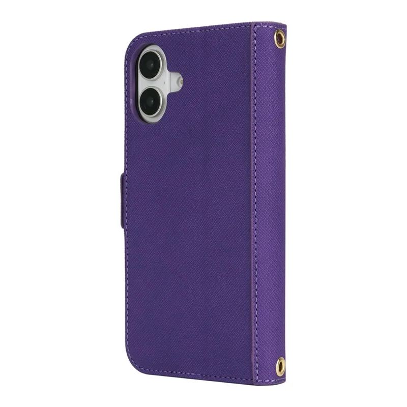For iPhone 16 Stand Case Cross Texture PU Leather Wallet Phone Cover with Shoulder Strap / Makeup Mirror - Purple