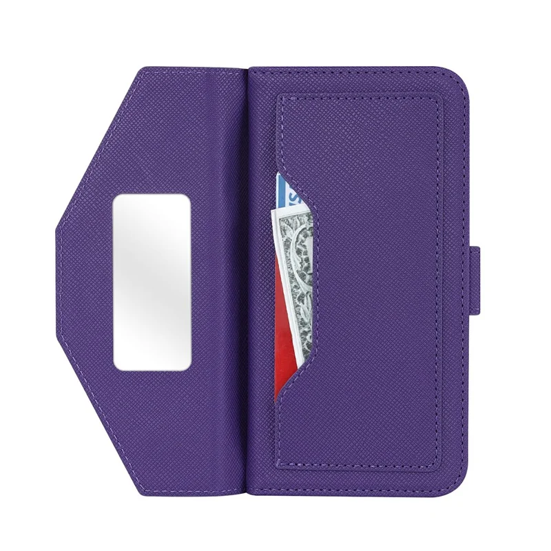 For iPhone 16 Stand Case Cross Texture PU Leather Wallet Phone Cover with Shoulder Strap / Makeup Mirror - Purple