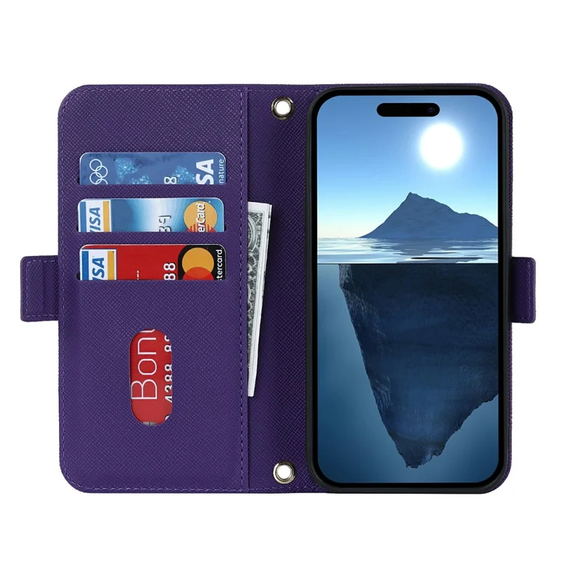For iPhone 16 Stand Case Cross Texture PU Leather Wallet Phone Cover with Shoulder Strap / Makeup Mirror - Purple