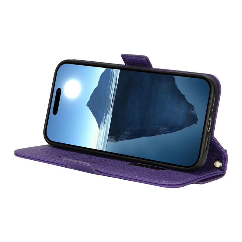 For iPhone 16 Stand Case Cross Texture PU Leather Wallet Phone Cover with Shoulder Strap / Makeup Mirror - Purple