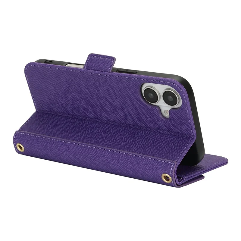For iPhone 16 Stand Case Cross Texture PU Leather Wallet Phone Cover with Shoulder Strap / Makeup Mirror - Purple