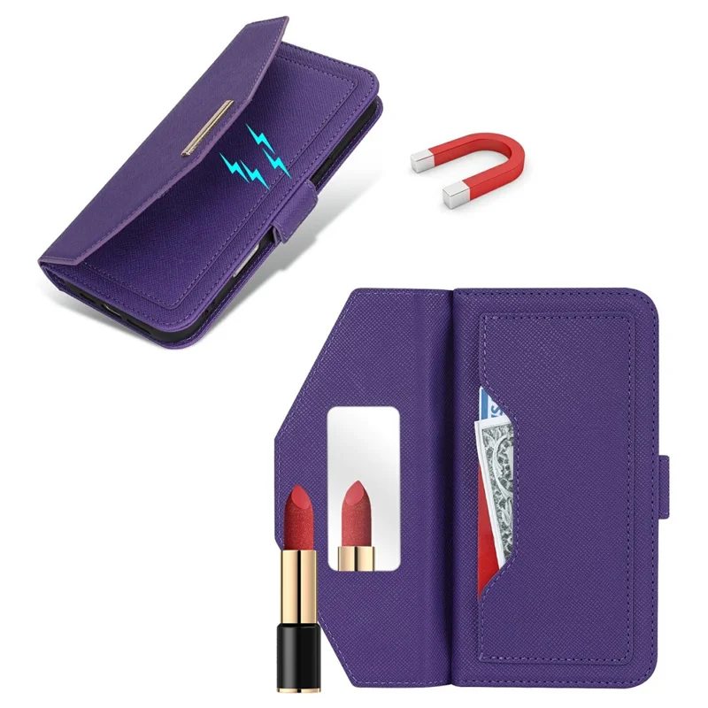 For iPhone 16 Stand Case Cross Texture PU Leather Wallet Phone Cover with Shoulder Strap / Makeup Mirror - Purple