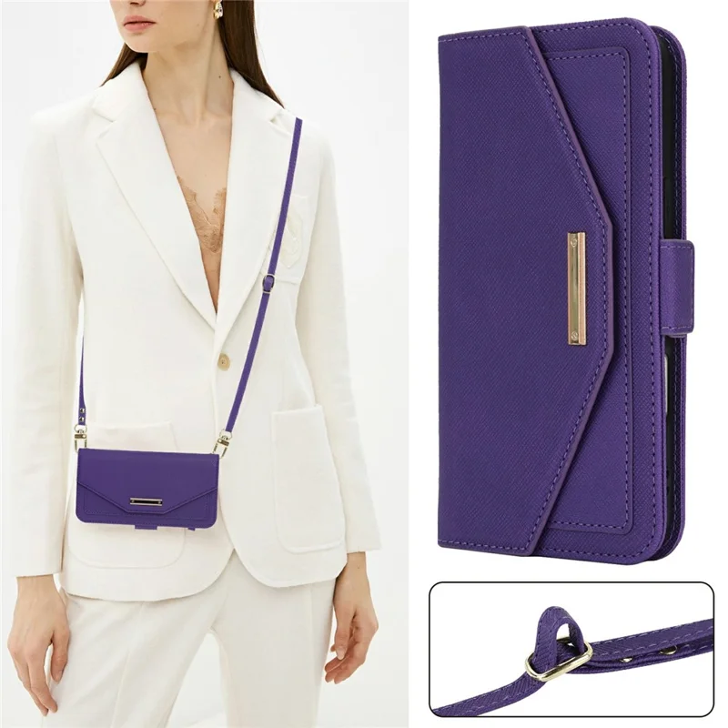 For iPhone 16 Stand Case Cross Texture PU Leather Wallet Phone Cover with Shoulder Strap / Makeup Mirror - Purple