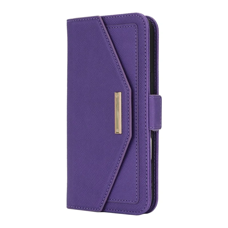 For iPhone 16 Stand Case Cross Texture PU Leather Wallet Phone Cover with Shoulder Strap / Makeup Mirror - Purple