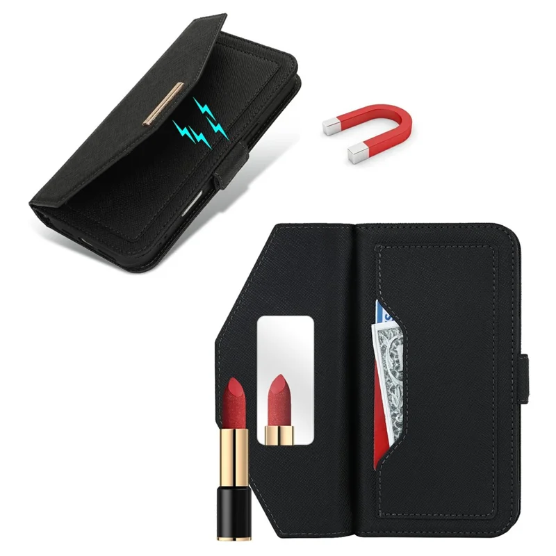For iPhone 16 Pro Stand Case Cross Texture PU Leather Wallet Phone Cover with Shoulder Strap / Makeup Mirror - Black