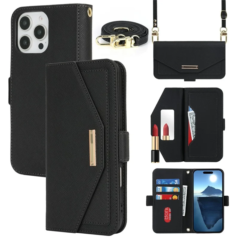 For iPhone 16 Pro Max Stand Case Cross Texture PU Leather Wallet Phone Cover with Shoulder Strap / Makeup Mirror - Black