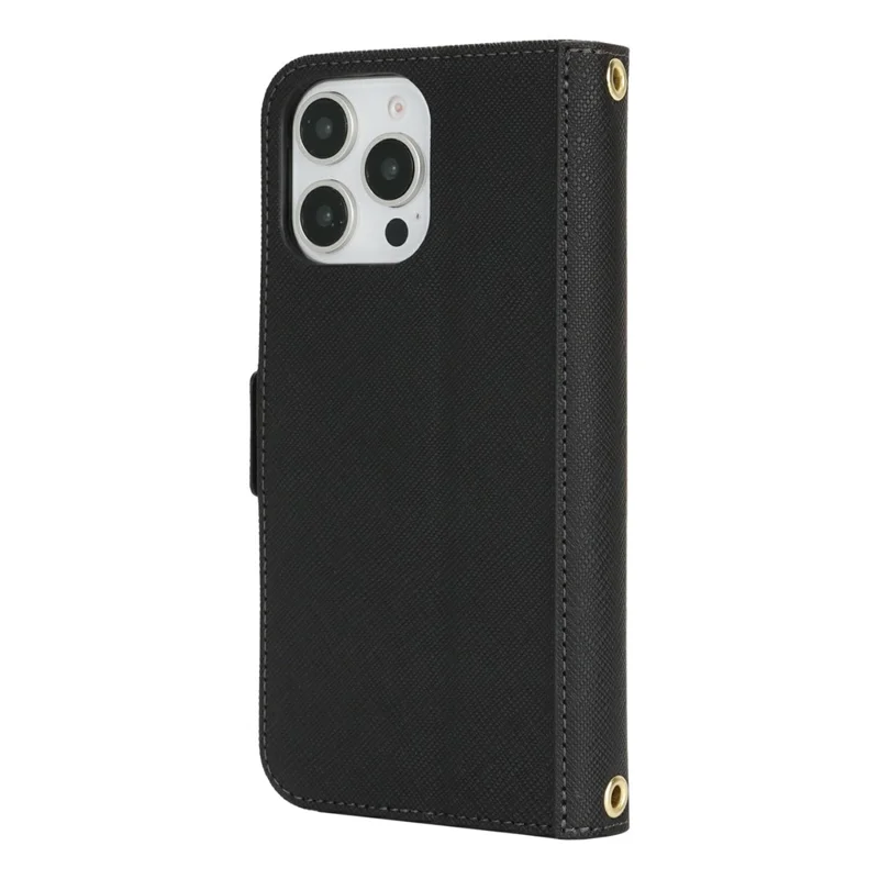 For iPhone 16 Pro Max Stand Case Cross Texture PU Leather Wallet Phone Cover with Shoulder Strap / Makeup Mirror - Black