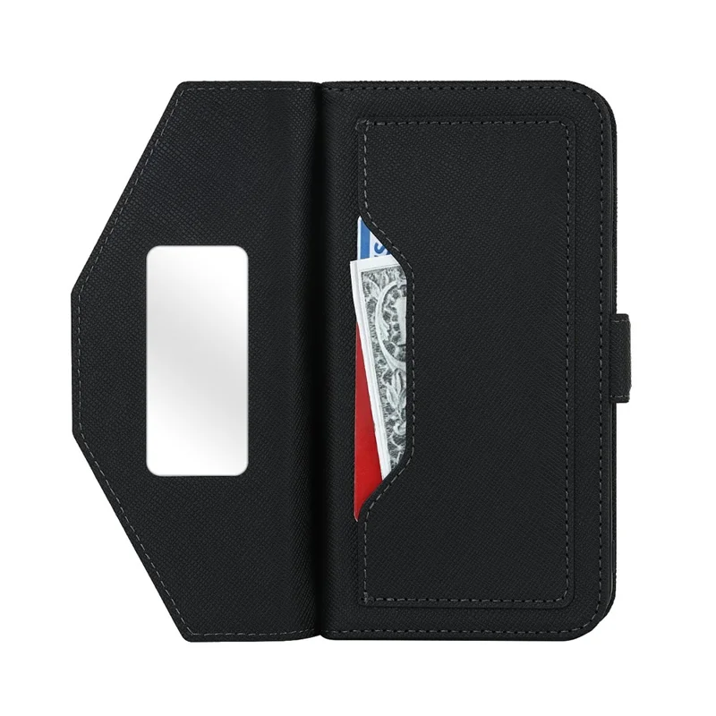 For iPhone 16 Pro Max Stand Case Cross Texture PU Leather Wallet Phone Cover with Shoulder Strap / Makeup Mirror - Black