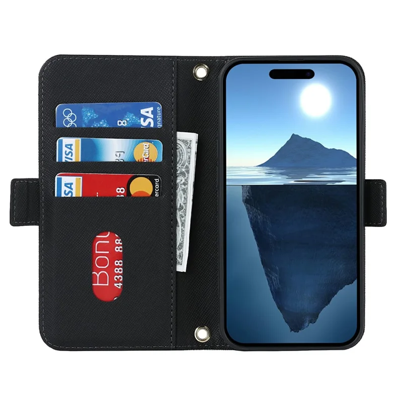 For iPhone 16 Pro Max Stand Case Cross Texture PU Leather Wallet Phone Cover with Shoulder Strap / Makeup Mirror - Black