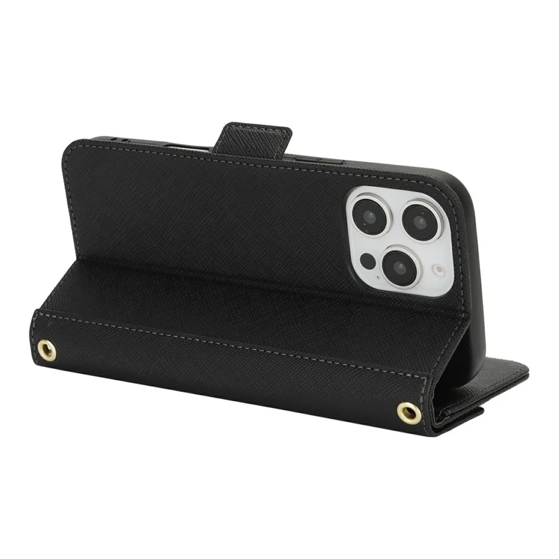 For iPhone 16 Pro Max Stand Case Cross Texture PU Leather Wallet Phone Cover with Shoulder Strap / Makeup Mirror - Black