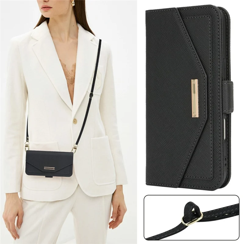 For iPhone 16 Pro Max Stand Case Cross Texture PU Leather Wallet Phone Cover with Shoulder Strap / Makeup Mirror - Black