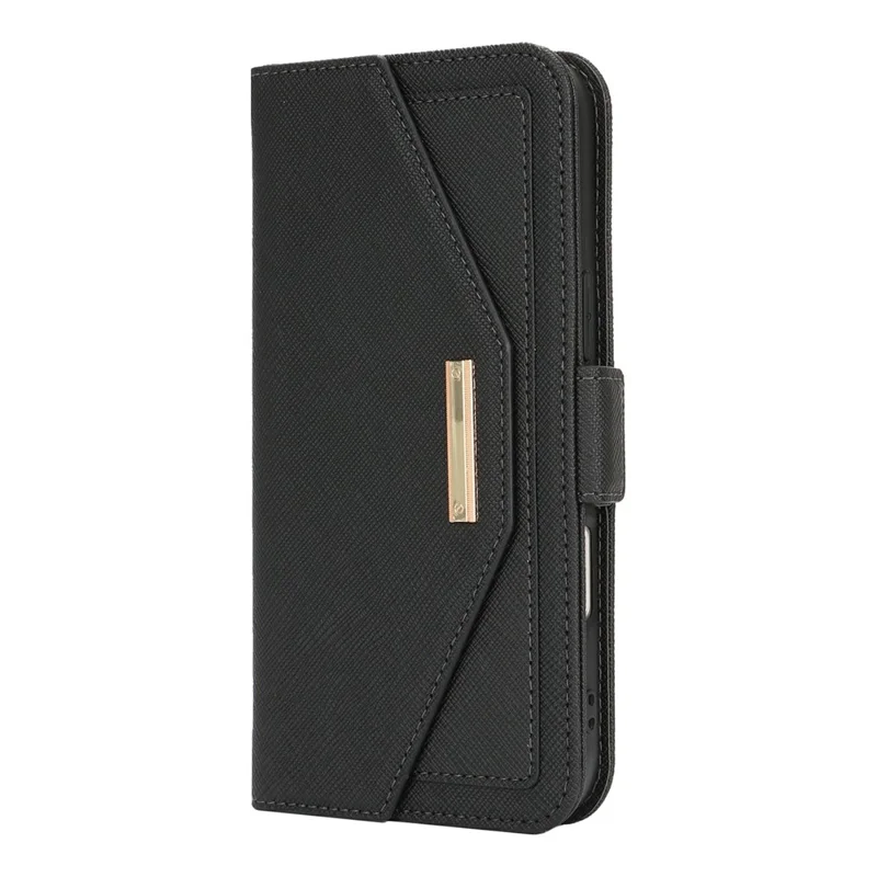 For iPhone 16 Pro Max Stand Case Cross Texture PU Leather Wallet Phone Cover with Shoulder Strap / Makeup Mirror - Black