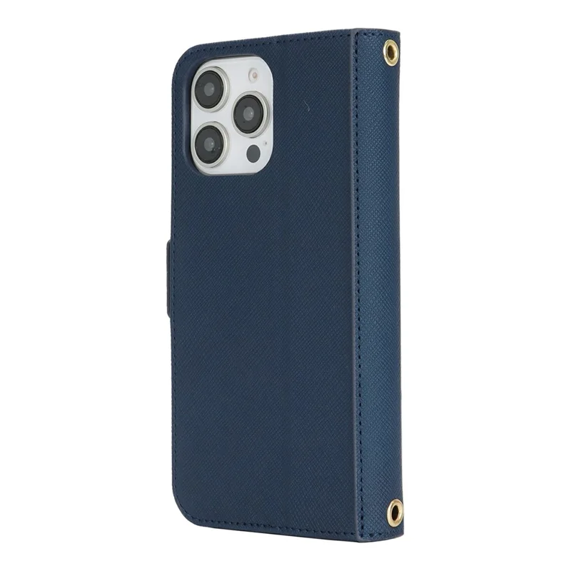 For iPhone 16 Pro Max Stand Case Cross Texture PU Leather Wallet Phone Cover with Shoulder Strap / Makeup Mirror - Blue