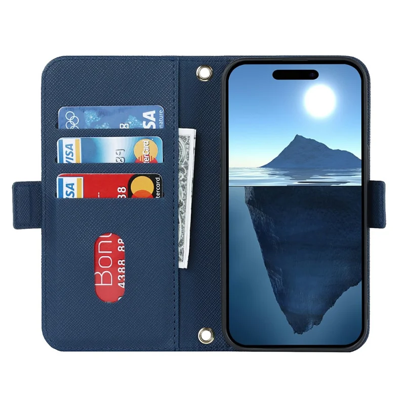 For iPhone 16 Pro Max Stand Case Cross Texture PU Leather Wallet Phone Cover with Shoulder Strap / Makeup Mirror - Blue