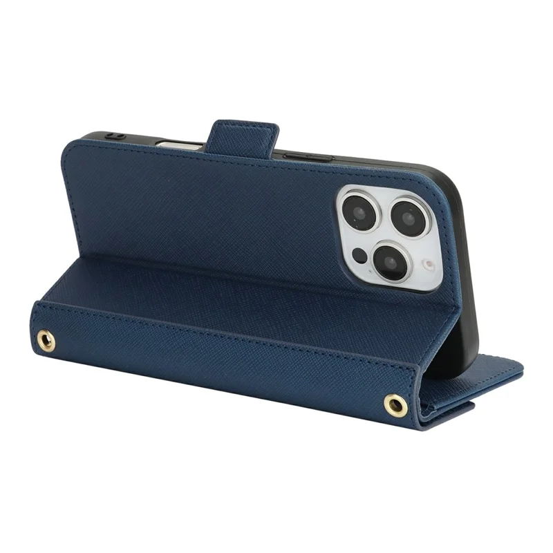 For iPhone 16 Pro Max Stand Case Cross Texture PU Leather Wallet Phone Cover with Shoulder Strap / Makeup Mirror - Blue