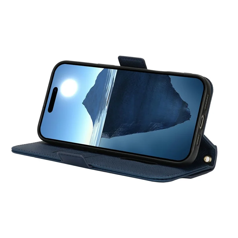 For iPhone 16 Pro Max Stand Case Cross Texture PU Leather Wallet Phone Cover with Shoulder Strap / Makeup Mirror - Blue