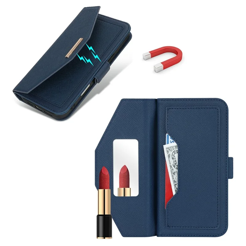 For iPhone 16 Pro Max Stand Case Cross Texture PU Leather Wallet Phone Cover with Shoulder Strap / Makeup Mirror - Blue