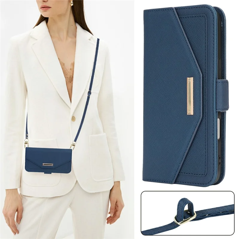 For iPhone 16 Pro Max Stand Case Cross Texture PU Leather Wallet Phone Cover with Shoulder Strap / Makeup Mirror - Blue