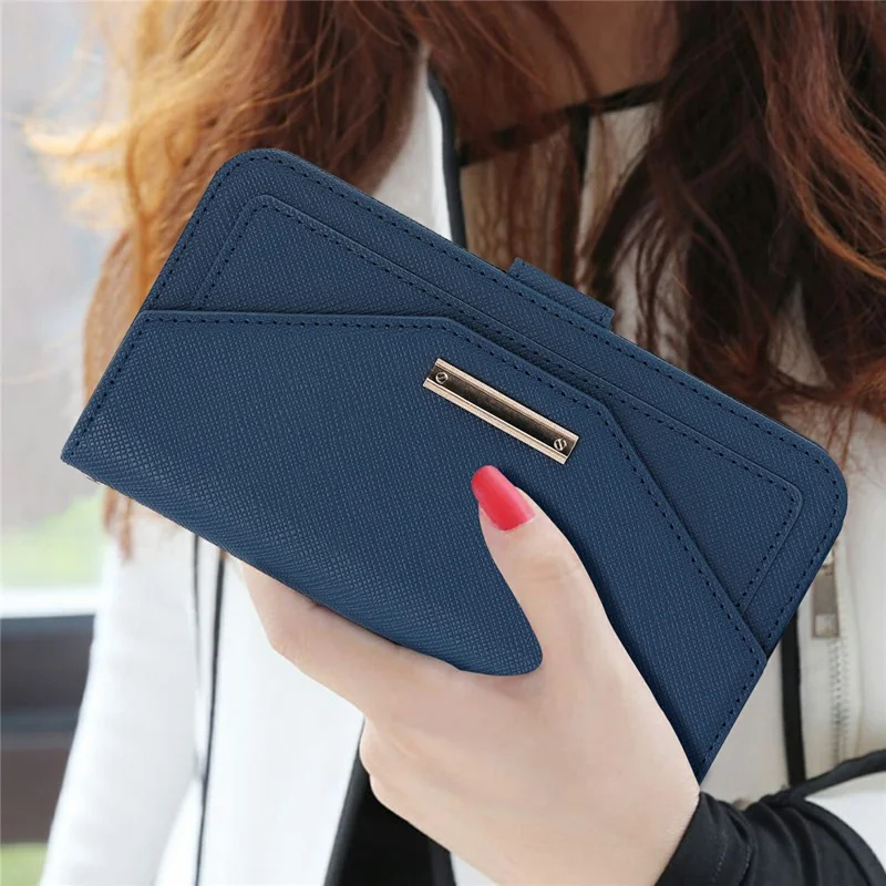 For iPhone 16 Pro Max Stand Case Cross Texture PU Leather Wallet Phone Cover with Shoulder Strap / Makeup Mirror - Blue