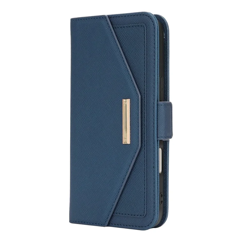 For iPhone 16 Pro Max Stand Case Cross Texture PU Leather Wallet Phone Cover with Shoulder Strap / Makeup Mirror - Blue