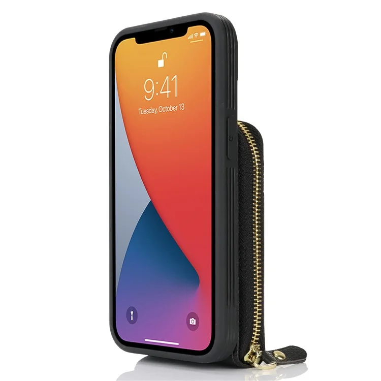 For iPhone 14 / 13 Case with Zipper Pouch / Ring Kickstand / Strap Litchi Texture PU + TPU Phone Cover - Black