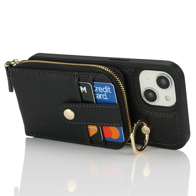 For iPhone 14 / 13 Case with Zipper Pouch / Ring Kickstand / Strap Litchi Texture PU + TPU Phone Cover - Black