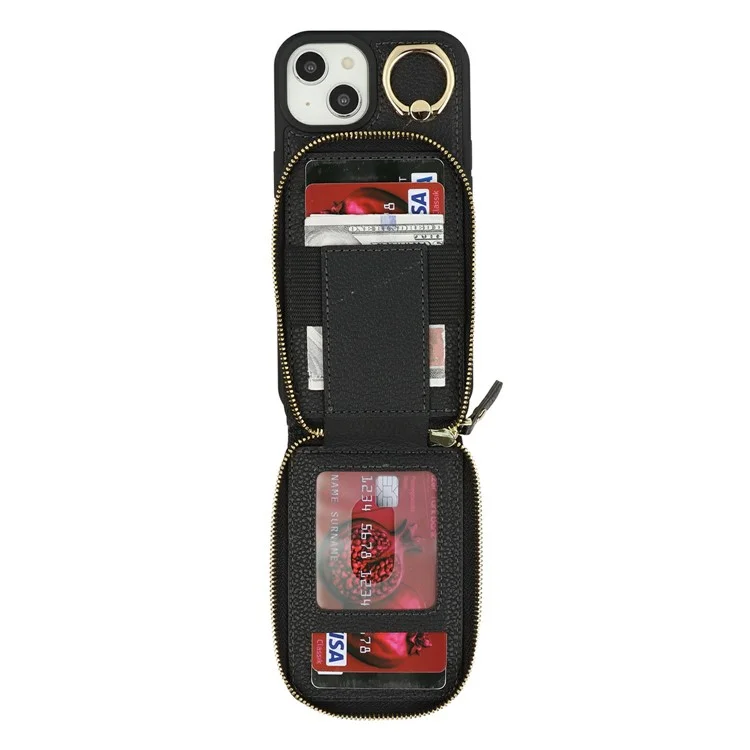 For iPhone 14 / 13 Case with Zipper Pouch / Ring Kickstand / Strap Litchi Texture PU + TPU Phone Cover - Black