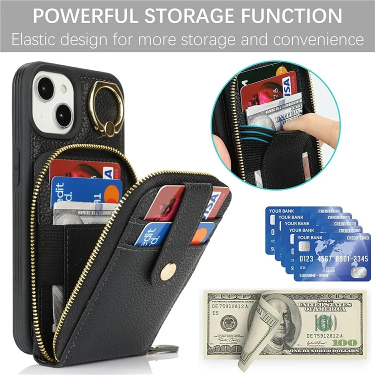 For iPhone 14 / 13 Case with Zipper Pouch / Ring Kickstand / Strap Litchi Texture PU + TPU Phone Cover - Black