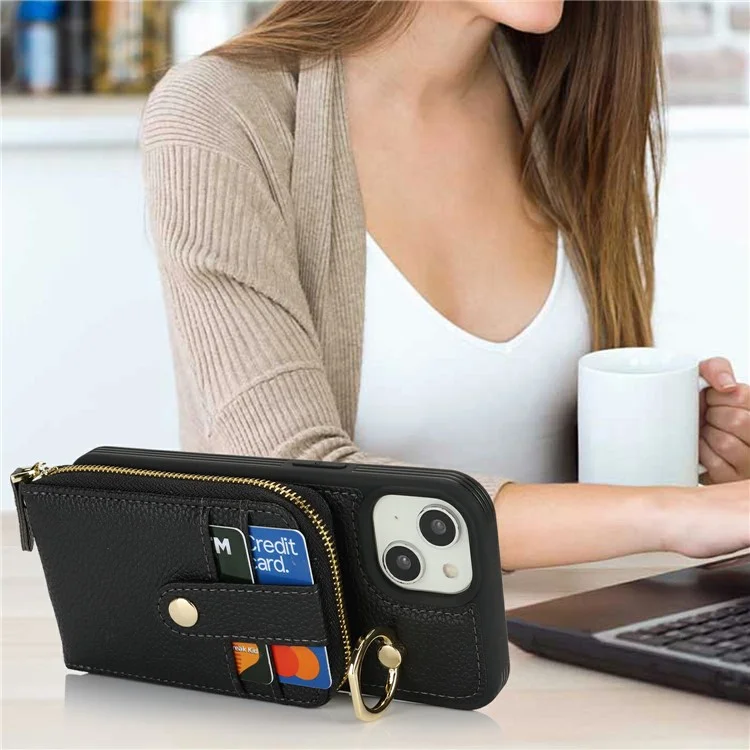 For iPhone 14 / 13 Case with Zipper Pouch / Ring Kickstand / Strap Litchi Texture PU + TPU Phone Cover - Black