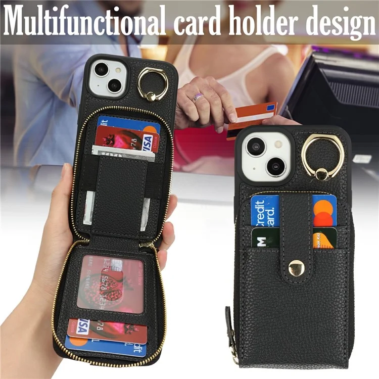 For iPhone 14 / 13 Case with Zipper Pouch / Ring Kickstand / Strap Litchi Texture PU + TPU Phone Cover - Black