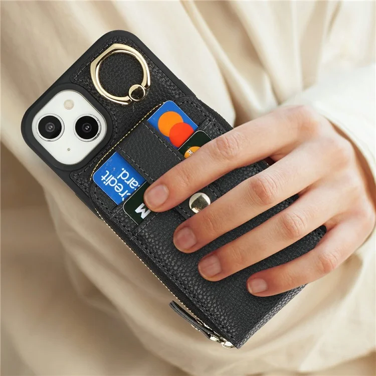 For iPhone 14 / 13 Case with Zipper Pouch / Ring Kickstand / Strap Litchi Texture PU + TPU Phone Cover - Black