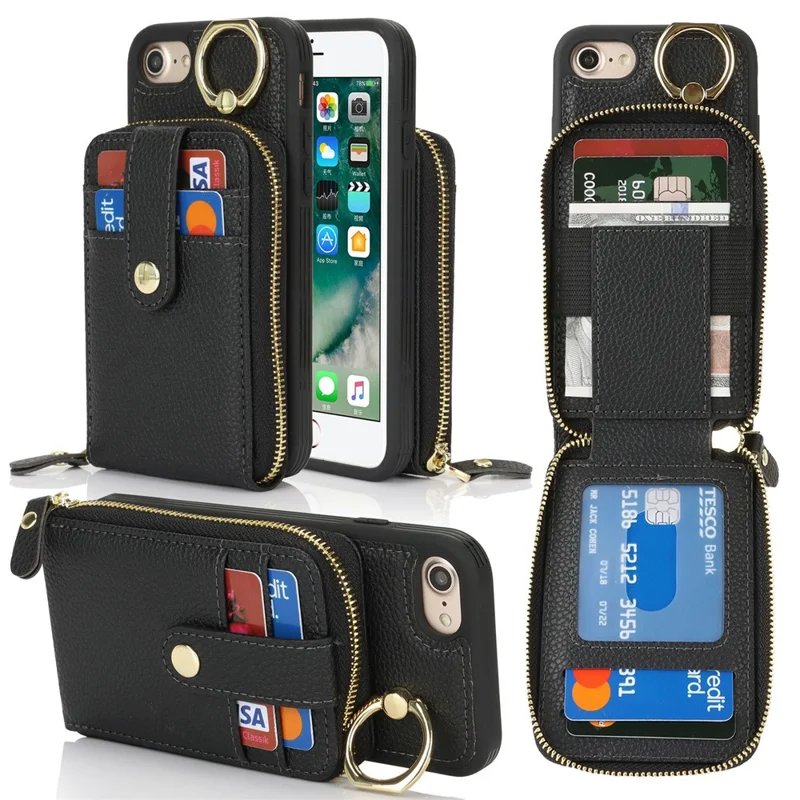 For iPhone SE (2022) / (2020) / 8 / 7 Case with Zipper Pouch / Ring Kickstand / Strap Litchi Texture PU + TPU Phone Cover - Black