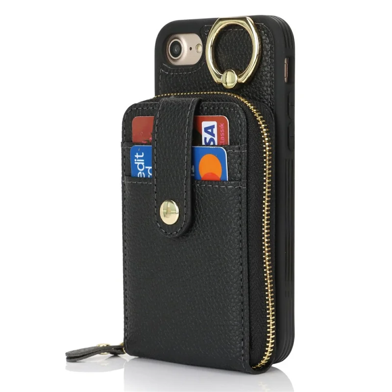 For iPhone SE (2022) / (2020) / 8 / 7 Case with Zipper Pouch / Ring Kickstand / Strap Litchi Texture PU + TPU Phone Cover - Black