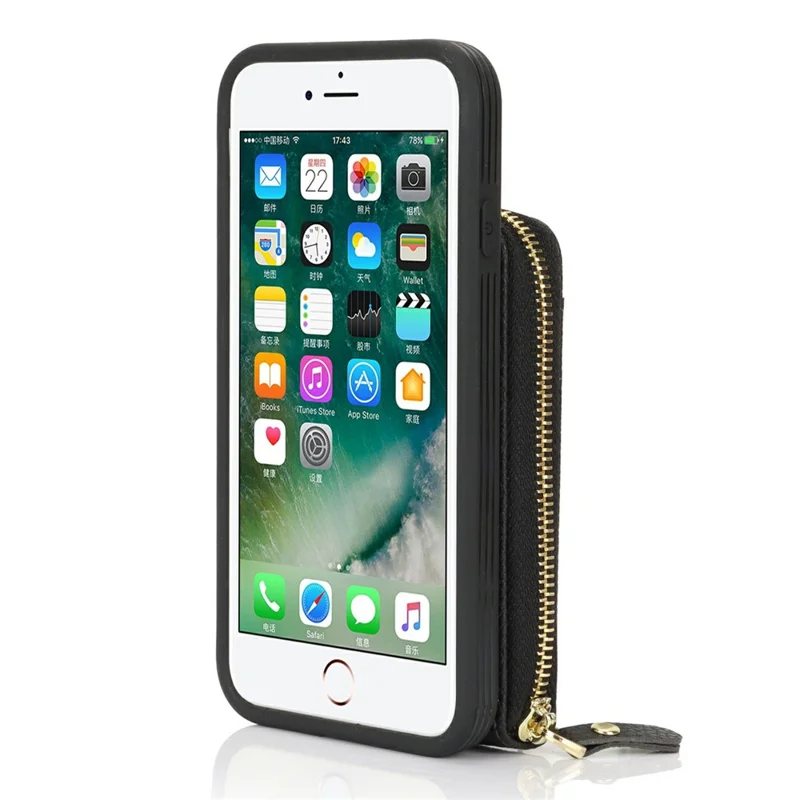 For iPhone SE (2022) / (2020) / 8 / 7 Case with Zipper Pouch / Ring Kickstand / Strap Litchi Texture PU + TPU Phone Cover - Black